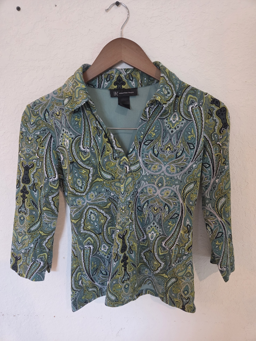 Vintage Y2K INC Paisley Mesh Layer Top 3/4 Sleeve Green V-Neck Collar XS S